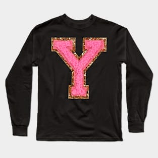 Y - Bubblegum Glitter Varsity Letter Patches Long Sleeve T-Shirt